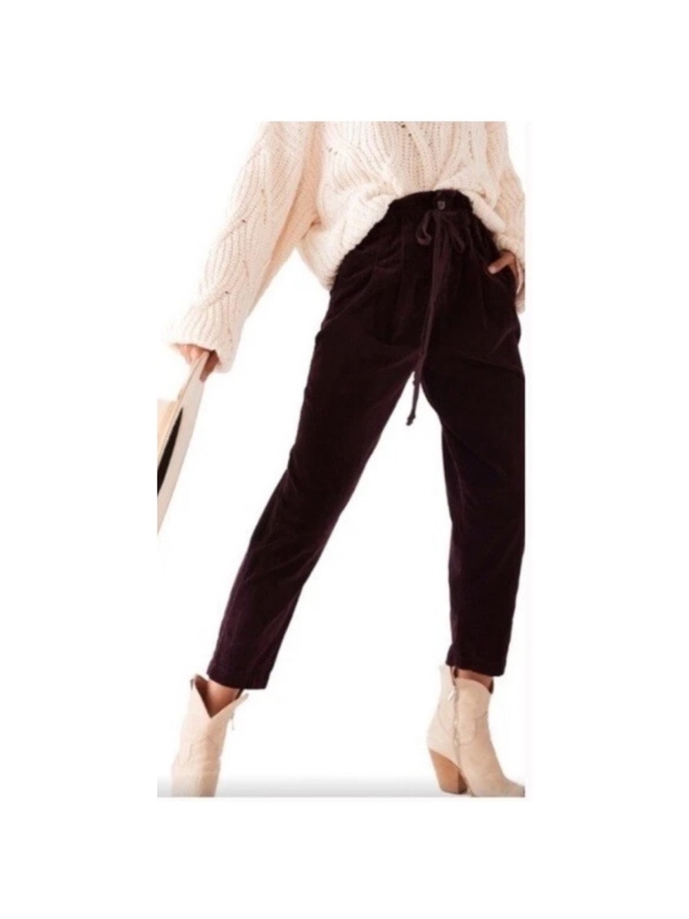 Free People Black Velvet Drawstring Tapered Ankle Pants